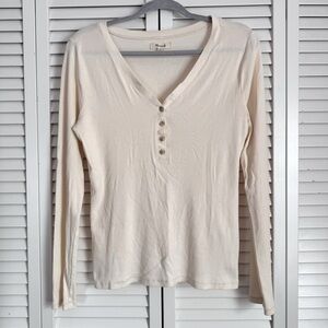 Madewell Drapey Rib Henley Tee Cream V neck Buttons Size Large